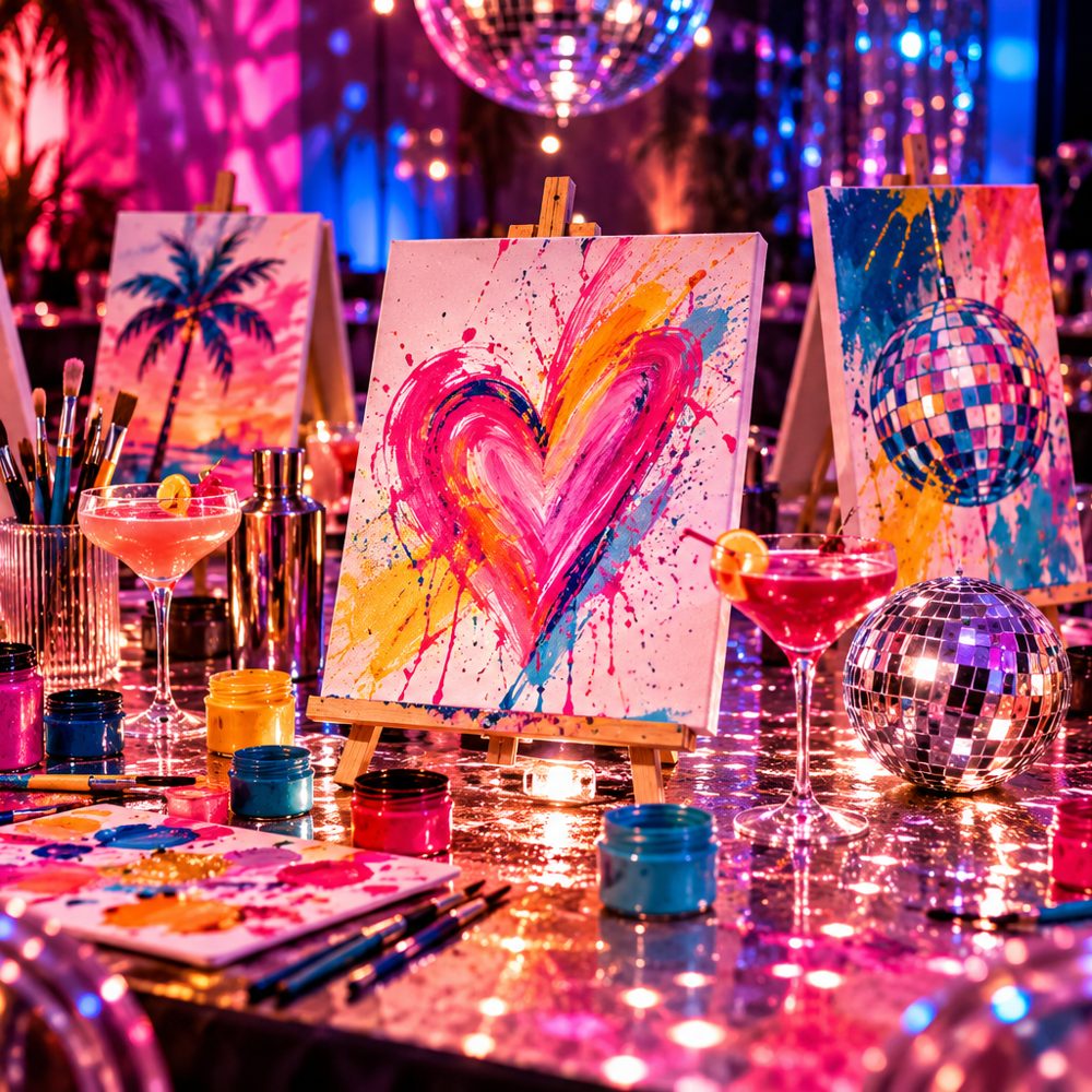 Bunte Leinwände, Farben und Cocktails auf einem Tisch